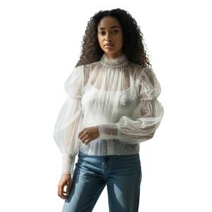 INA White Sheer Mesh Pearl Embellished Puff Sleeve High Neck Blouse Flowy SZ S